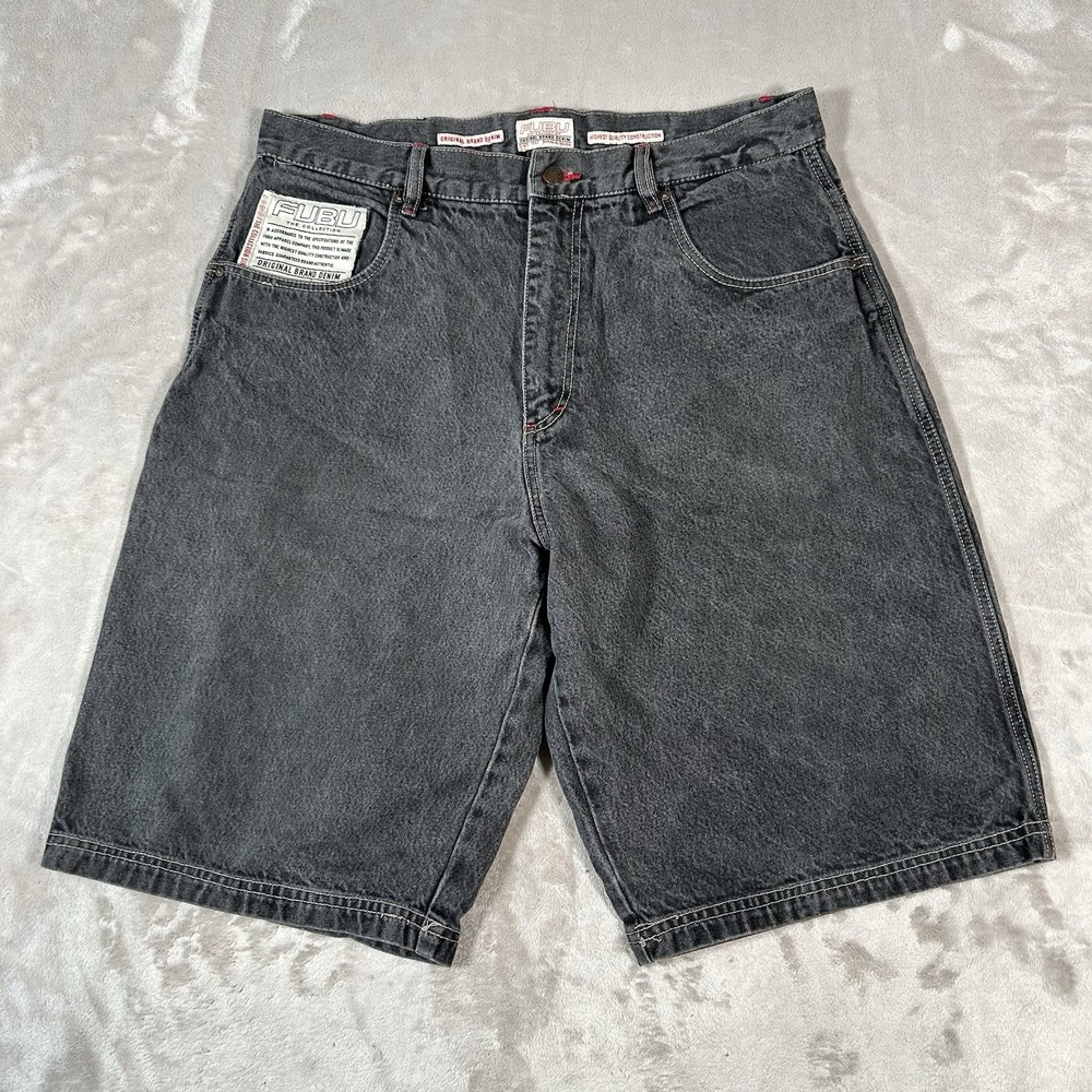 Vintage FUBU Baggy Jorts 38 Black Embroidered Denim Shorts Y2K Streetwear